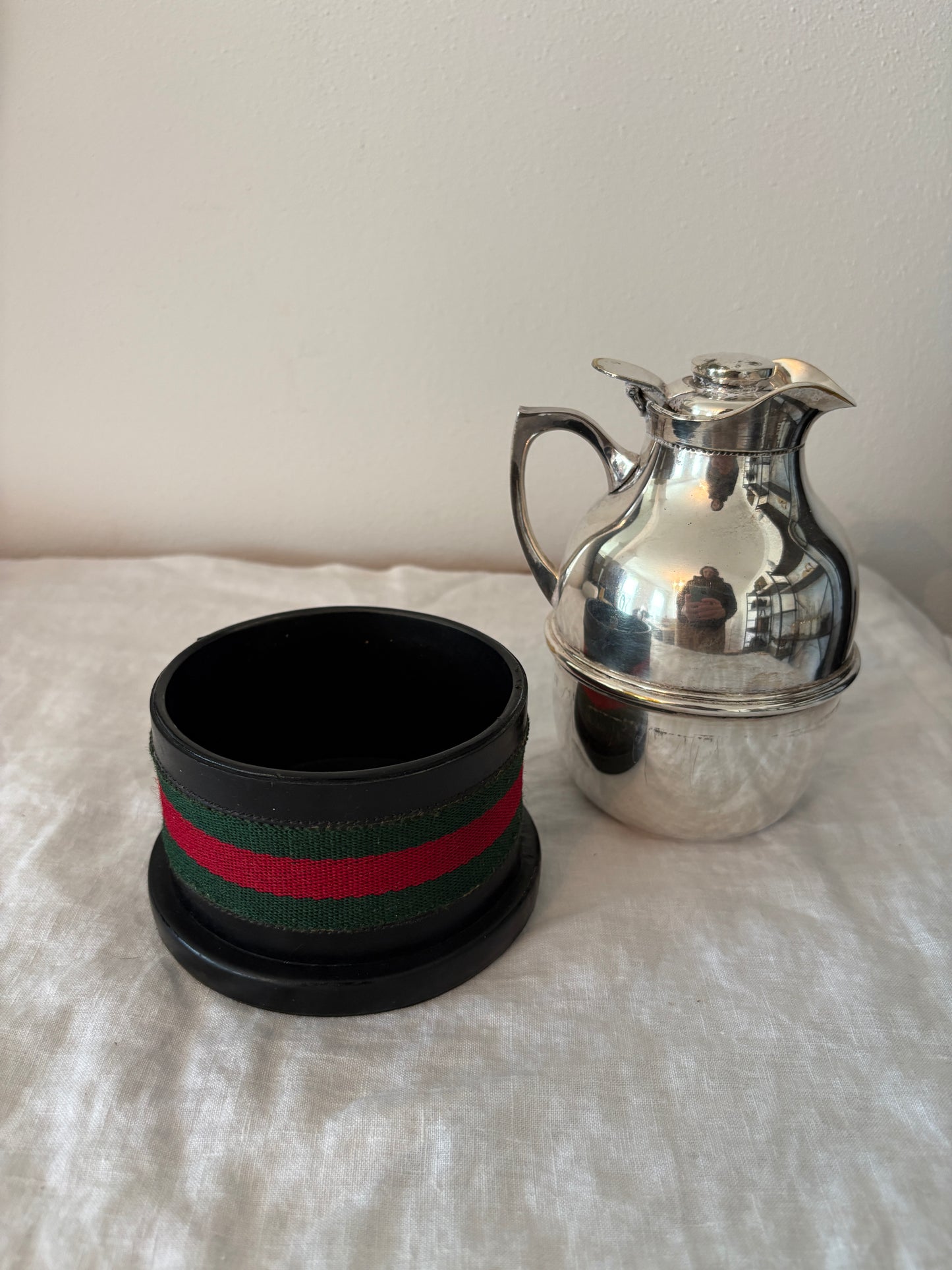 GUCCI 1960’s Silver Pitcher with Black Leather and Web Stripe Coaster