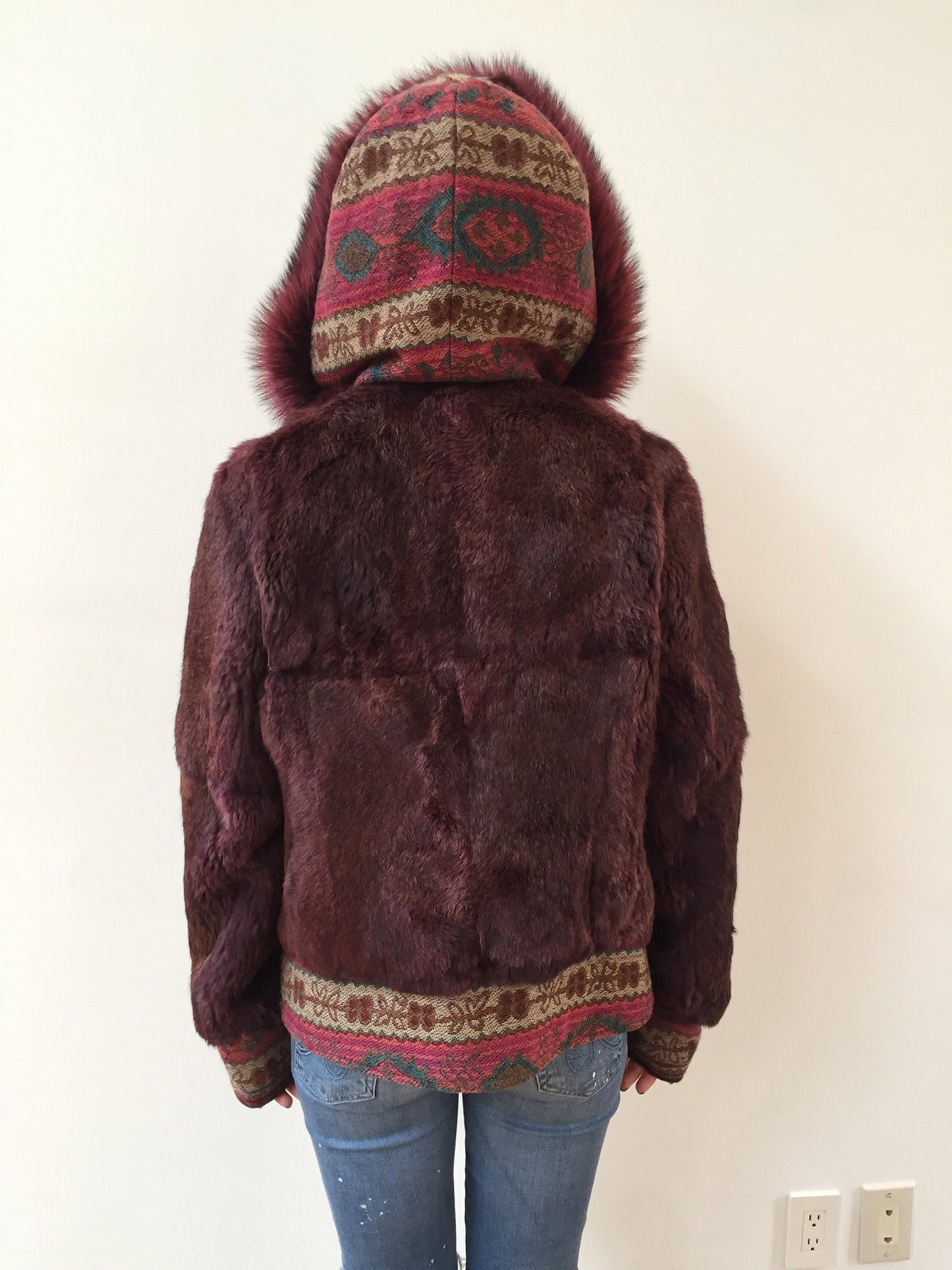 Vintage Vintage Rabbit Fur Embroidered Burgundy Hooded Jacket Fur Coat Hoodie Hippie Bohemian BomberTrench Evening Dress Coat S M L - Wow!!