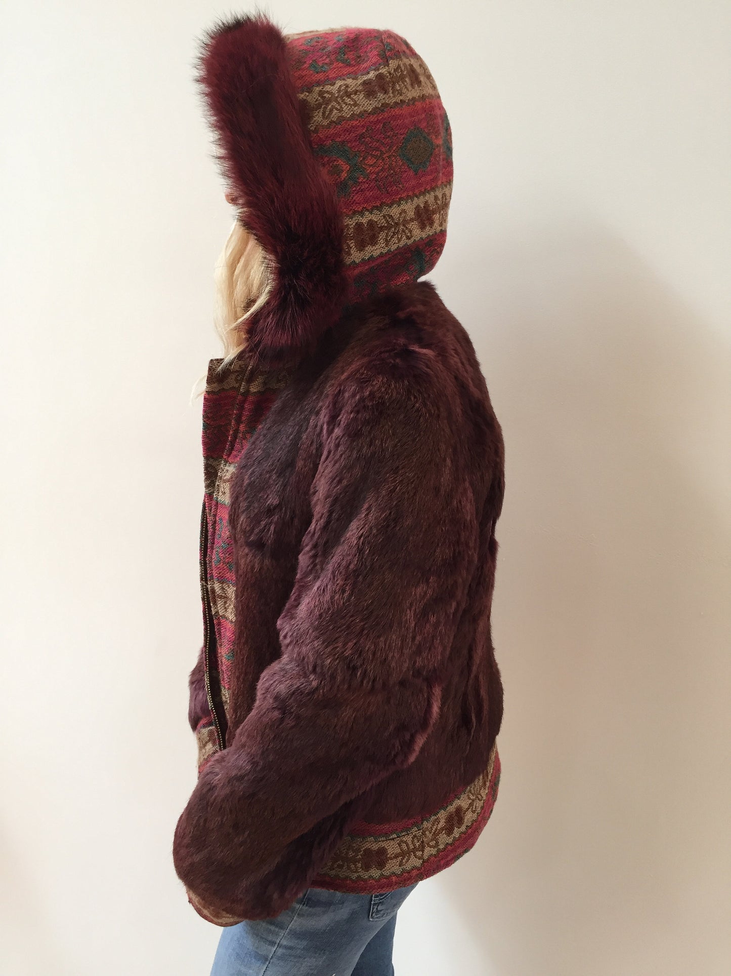 Vintage Vintage Rabbit Fur Embroidered Burgundy Hooded Jacket Fur Coat Hoodie Hippie Bohemian BomberTrench Evening Dress Coat S M L - Wow!!
