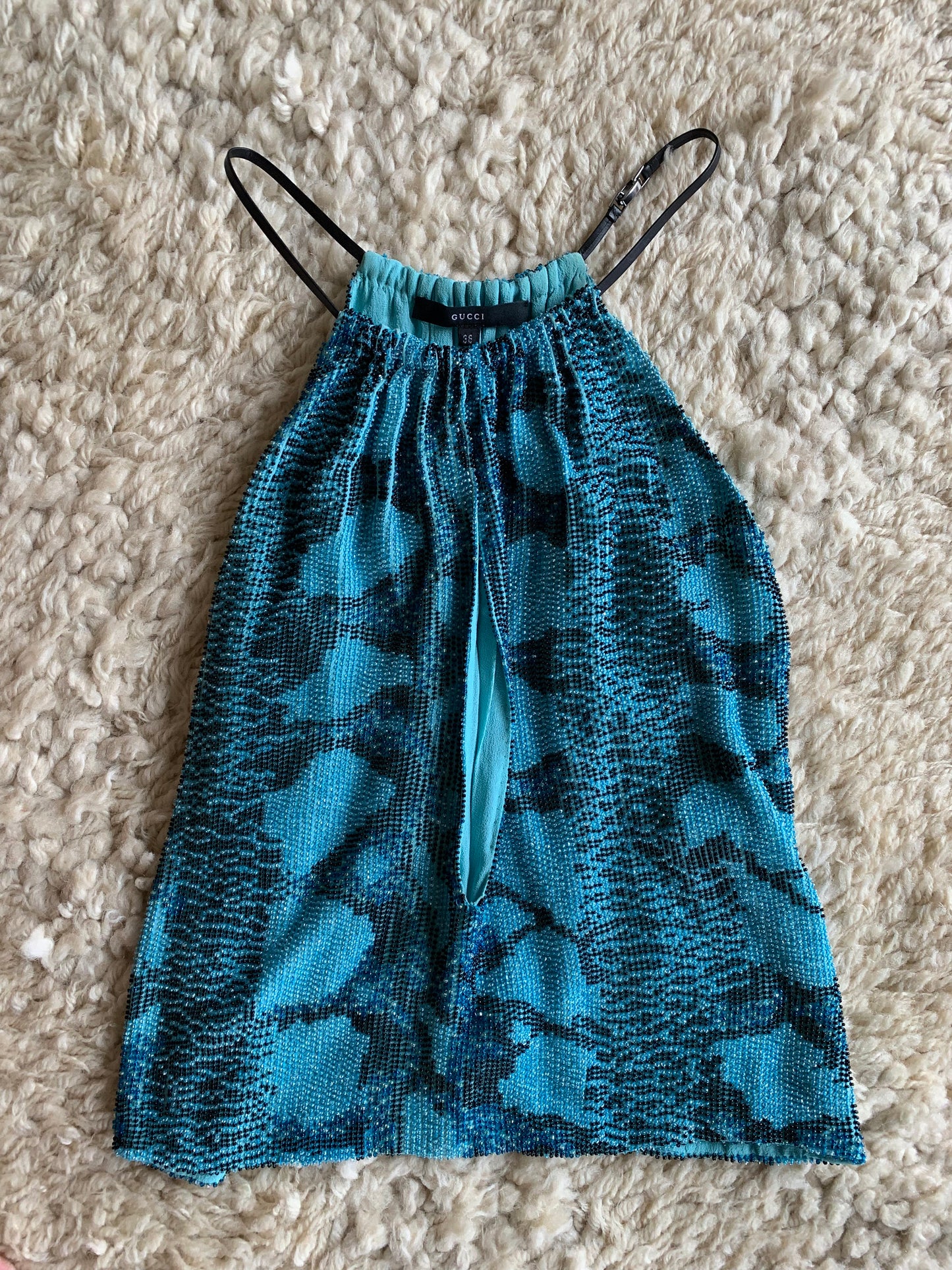 Vintage GUCCI by Tom Ford Beaded Embellished Leather Snakeskin Snake Skin Python Print Flowy Tank Top Evening Blouse Tunic Deep V - RARE!!!