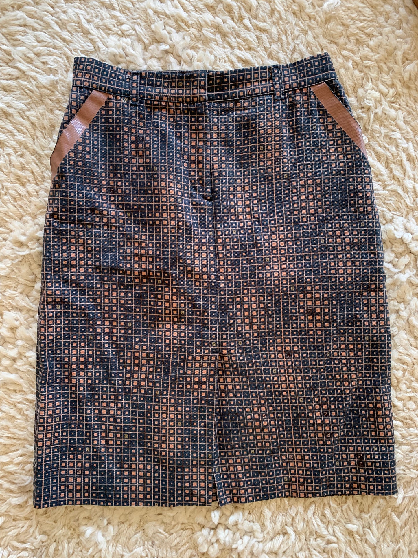 Vintage FENDI FF Micro Zucca Print MONOGRAM Silk Womens Brown Black Dress Knee Length Pencil Skirt Evening Button Skirt S M - Wow!!