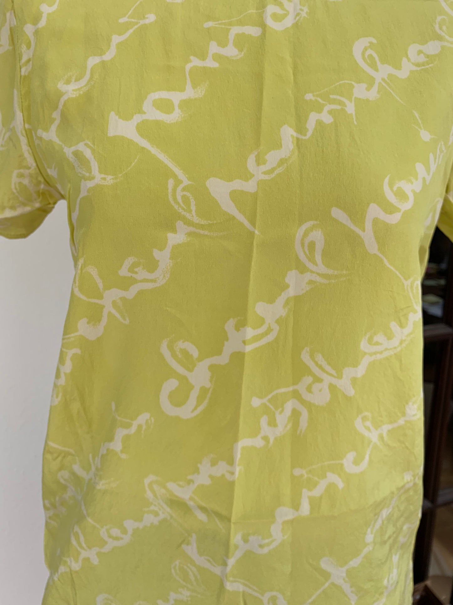 RARE Vintage CHANEL CC Logo Monogram Lime Green White Graffiti Short Sleeve Dress Tunic Button down A-Line Crop Cover Up Silk