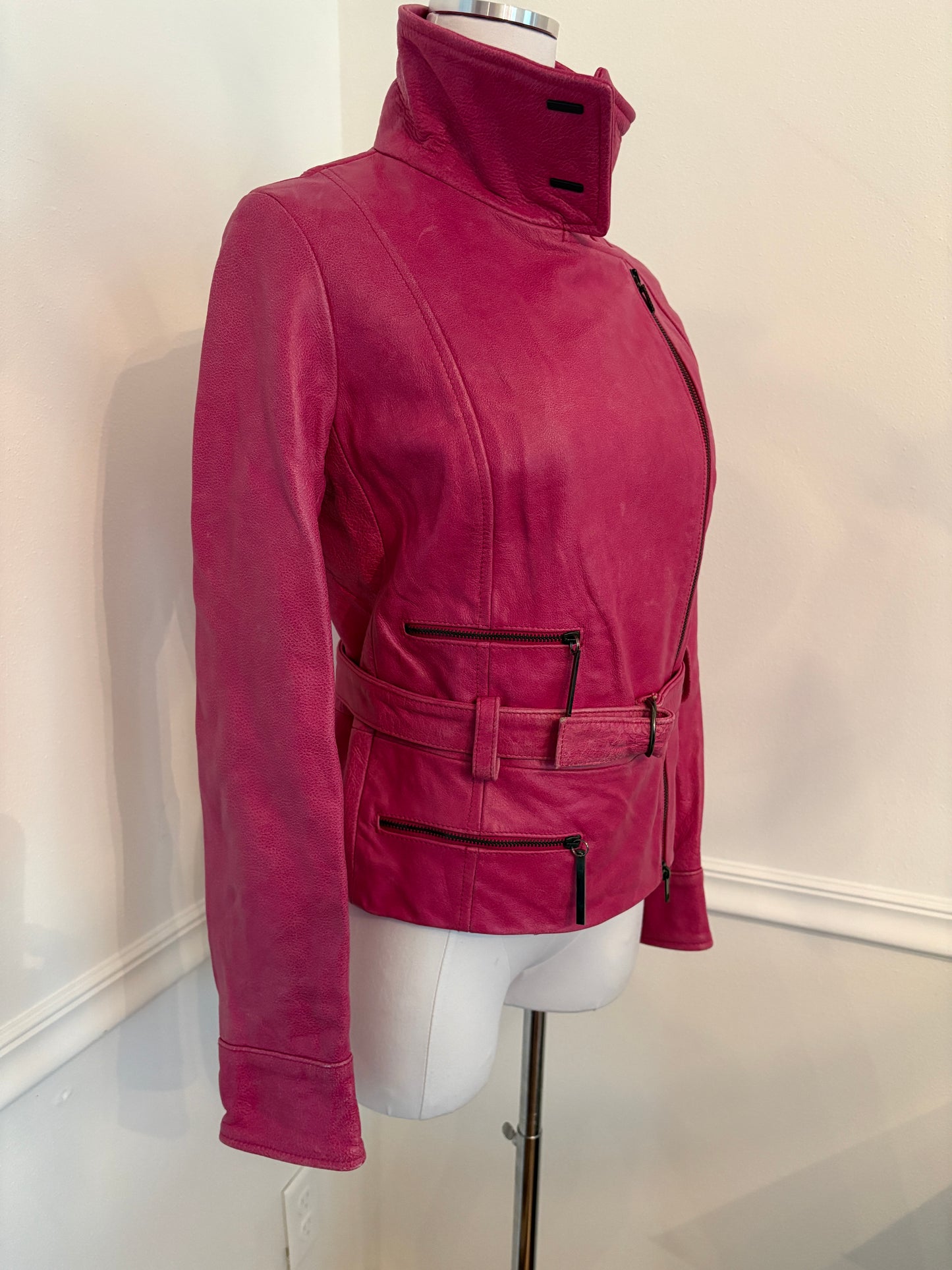 UNGARO 1990's Vintage Pink Leather Motorcycle Biker Jacket M