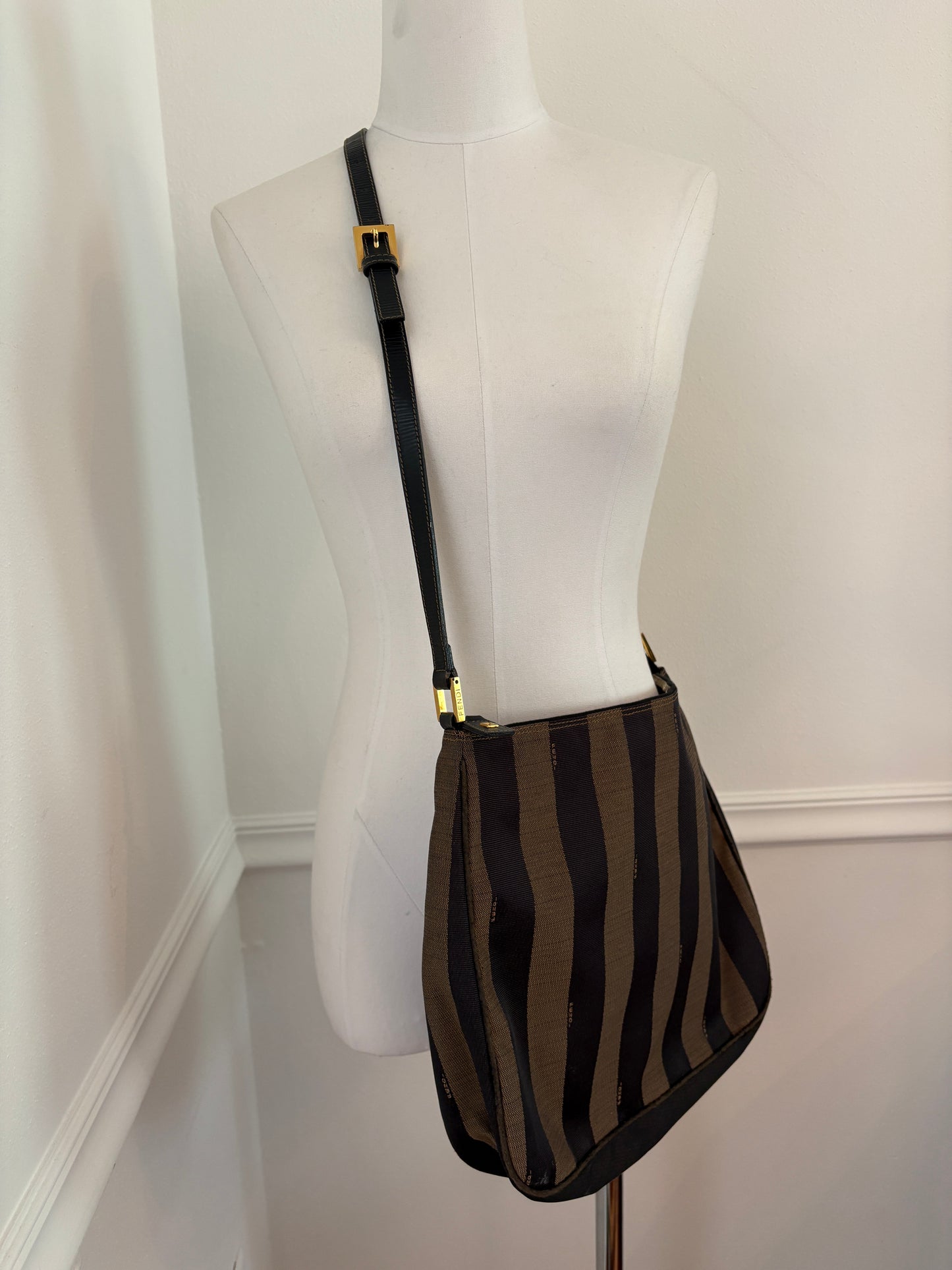 FENDI Vintage 1990’s Pequin Stripe Monogram Canvas Shoulder Bag