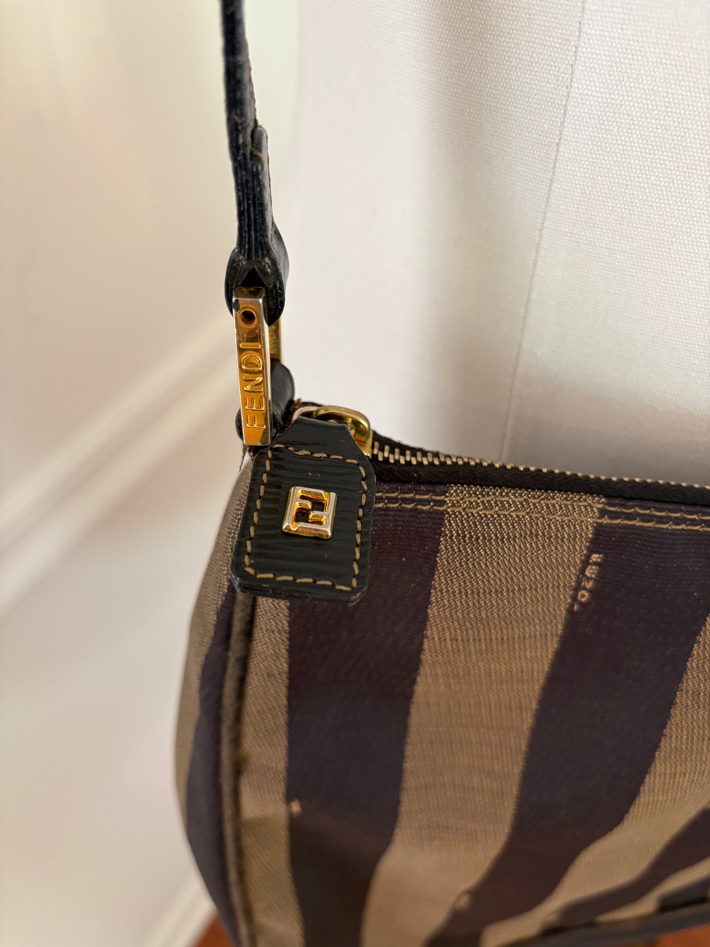 FENDI Vintage 1990’s Pequin Stripe Monogram Canvas Shoulder Bag