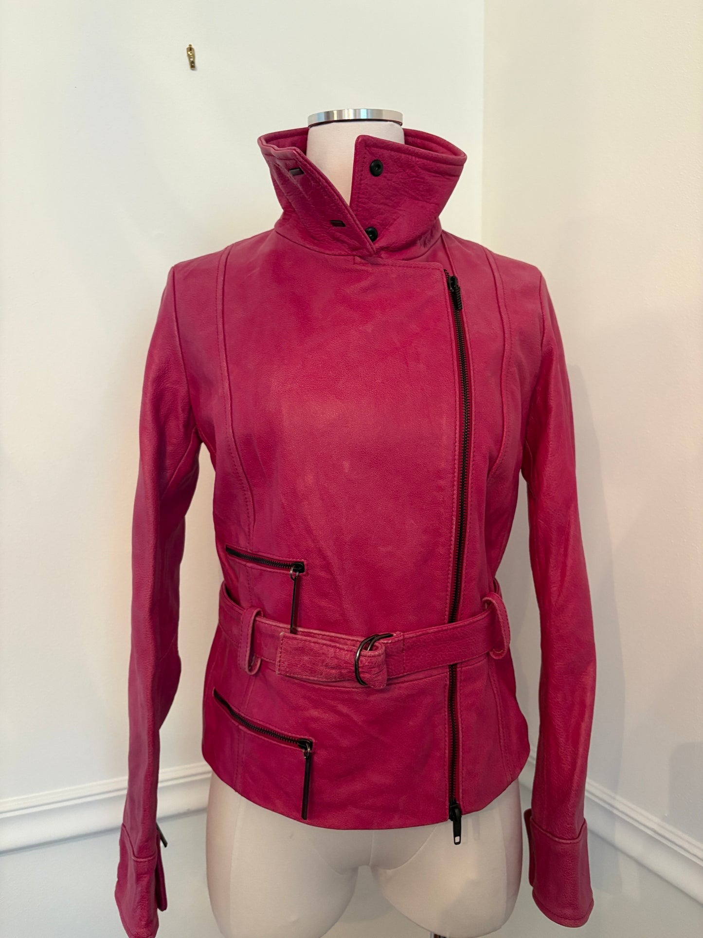 UNGARO 1990's Vintage Pink Leather Motorcycle Biker Jacket M
