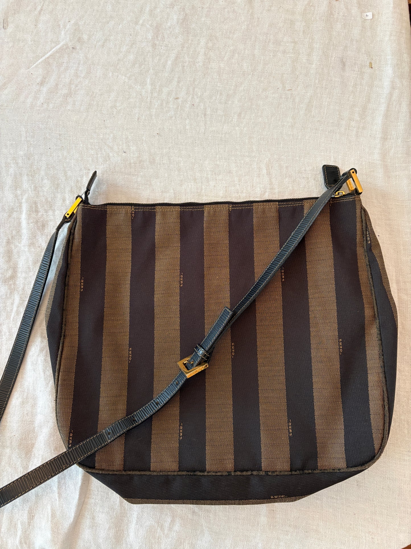 FENDI Vintage 1990’s Pequin Stripe Monogram Canvas Shoulder Bag