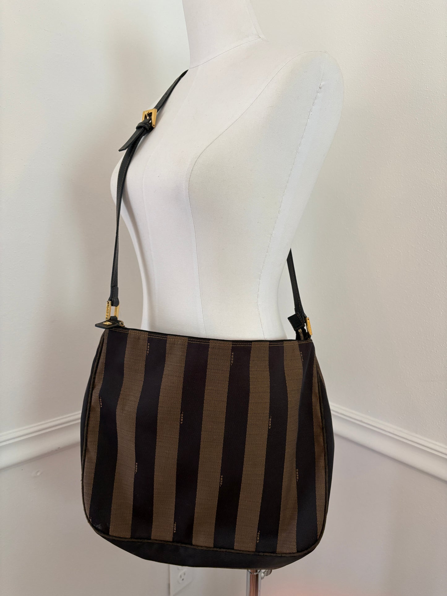FENDI Vintage 1990’s Pequin Stripe Monogram Canvas Shoulder Bag