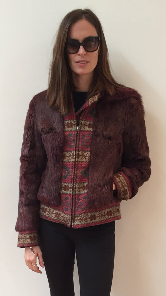 Vintage Vintage Rabbit Fur Embroidered Burgundy Hooded Jacket Fur Coat Hoodie Hippie Bohemian BomberTrench Evening Dress Coat S M L - Wow!!