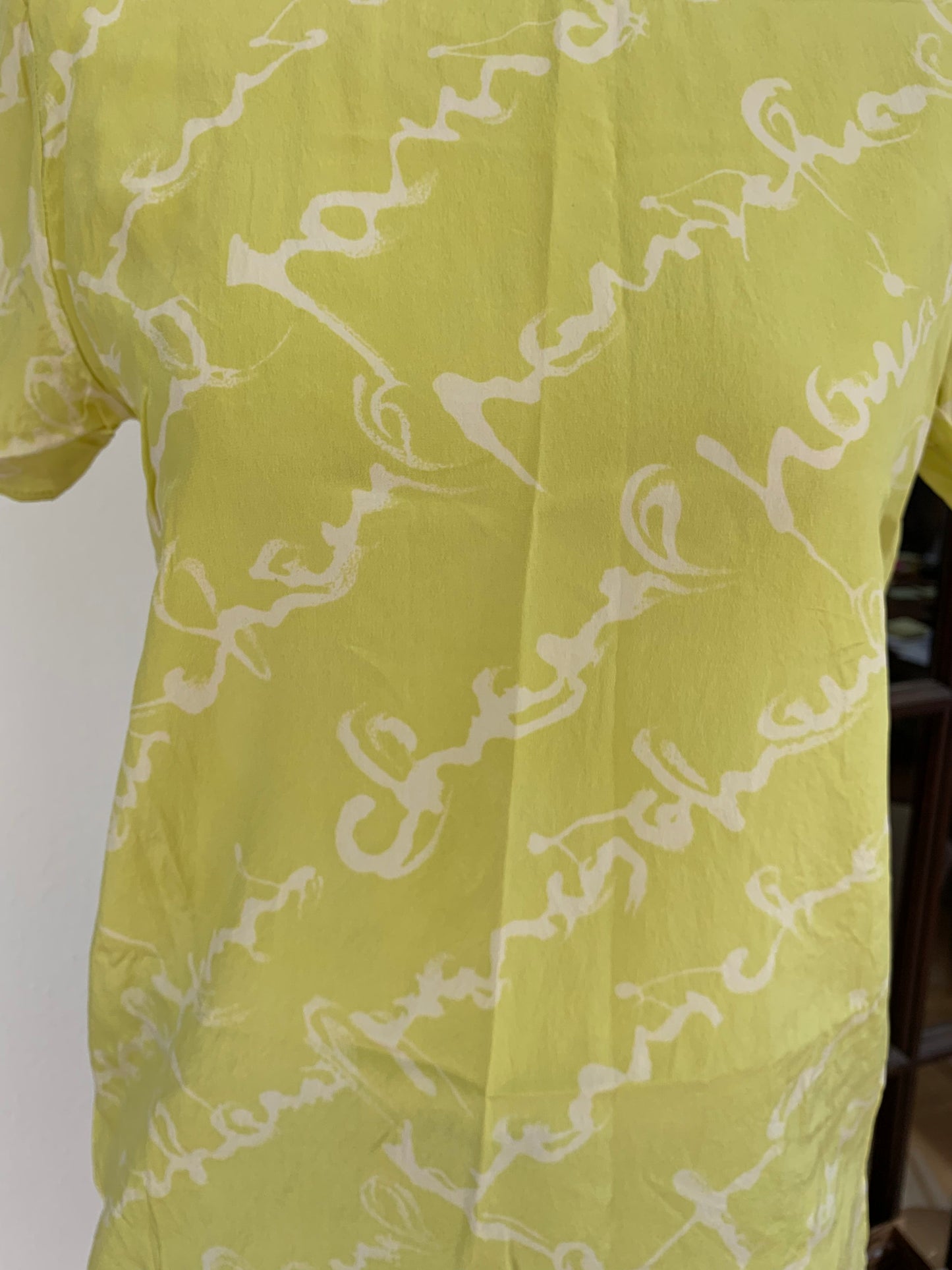 RARE Vintage CHANEL CC Logo Monogram Lime Green White Graffiti Short Sleeve Dress Tunic Button down A-Line Crop Cover Up Silk