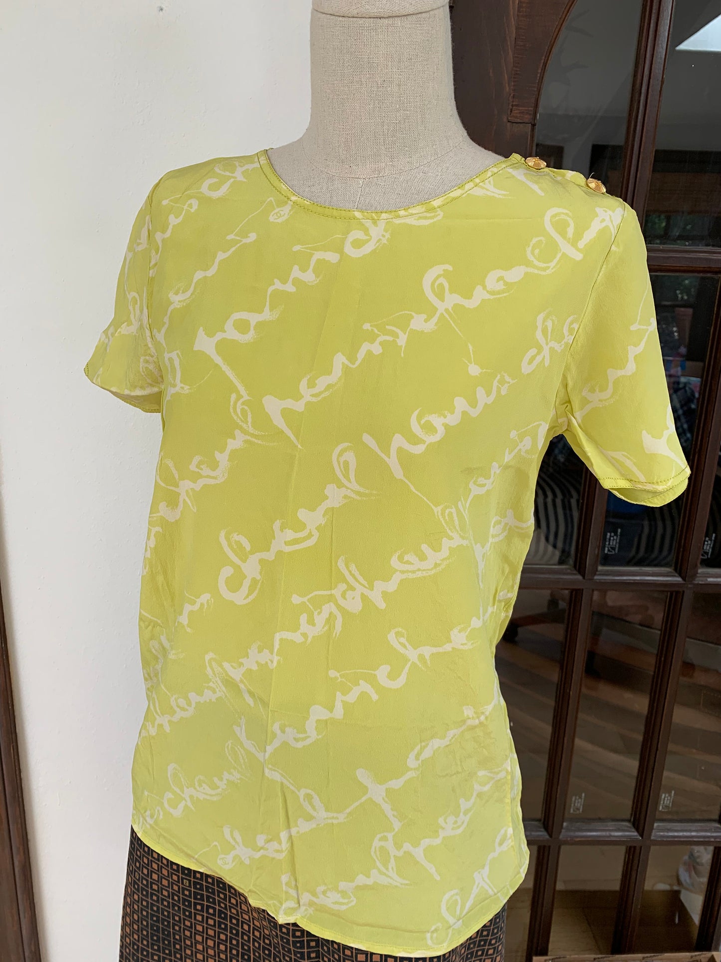 RARE Vintage CHANEL CC Logo Monogram Lime Green White Graffiti Short Sleeve Dress Tunic Button down A-Line Crop Cover Up Silk