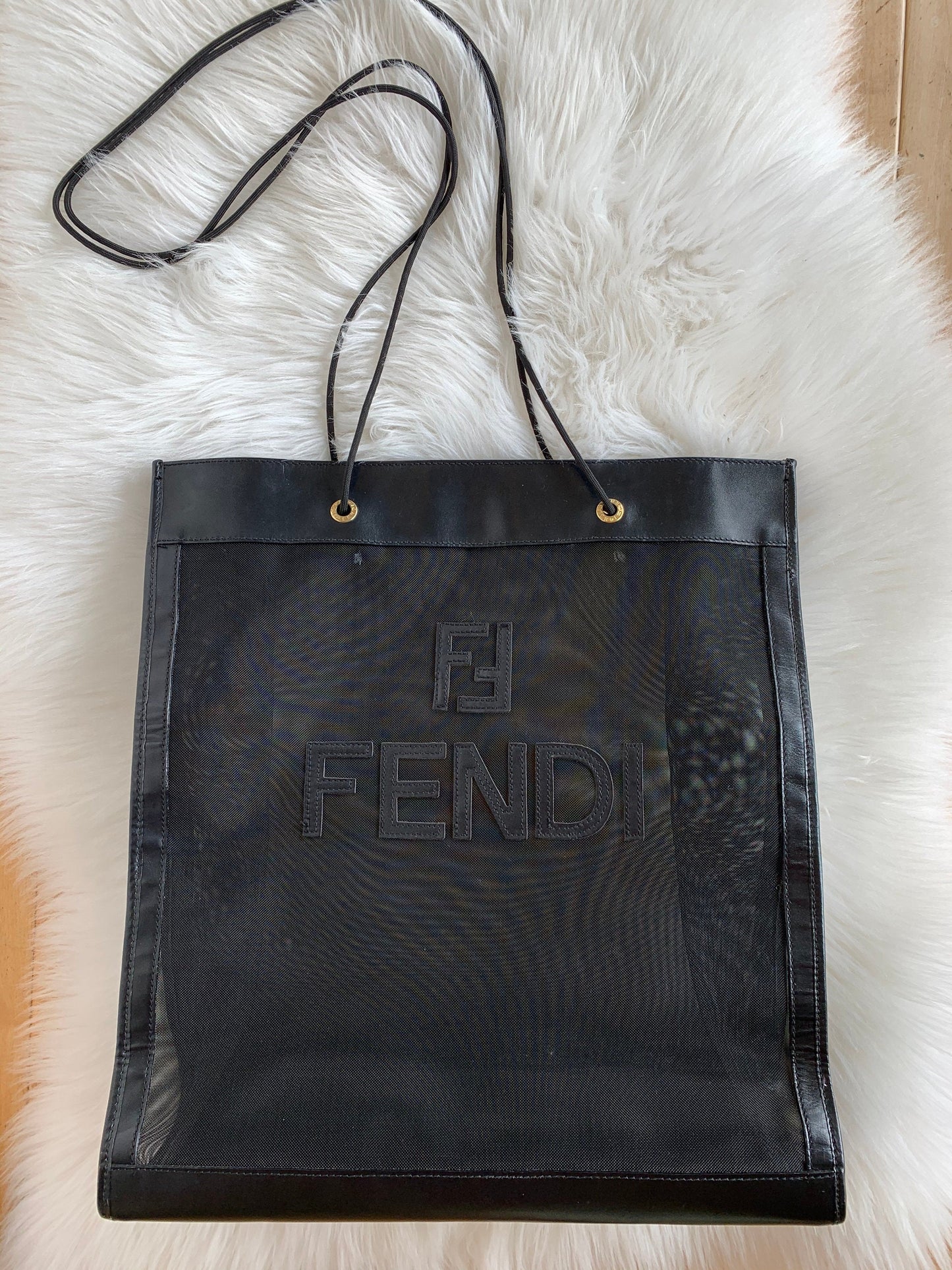 Rare Vintage FENDI FF Logo Monogram Mesh Black Leather Shopper Handbag  bag Purse Weekender Totebag Duffle Travel Tote Big
