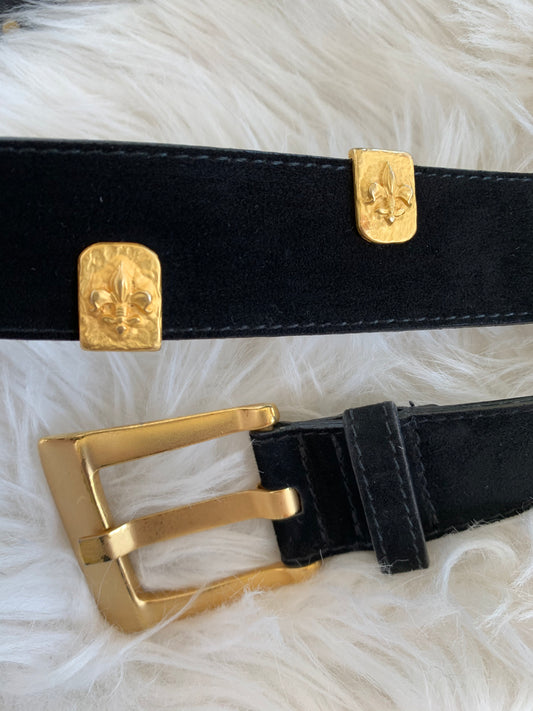 Vintage 80s ESCADA Black Suede Fleur De Lis Gold Emblem Charm Stud Belt