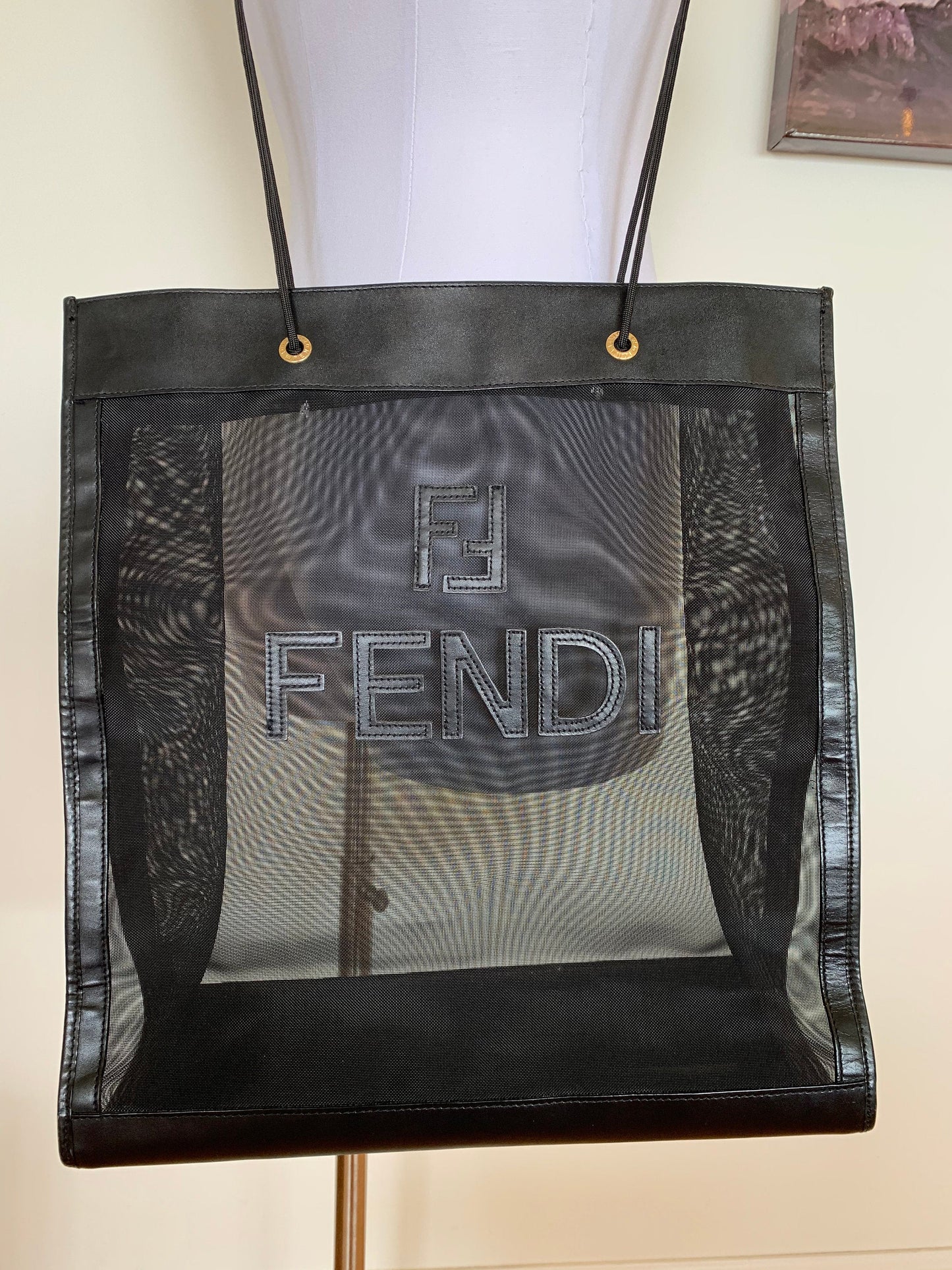 Rare Vintage FENDI FF Logo Monogram Mesh Black Leather Shopper Handbag  bag Purse Weekender Totebag Duffle Travel Tote Big