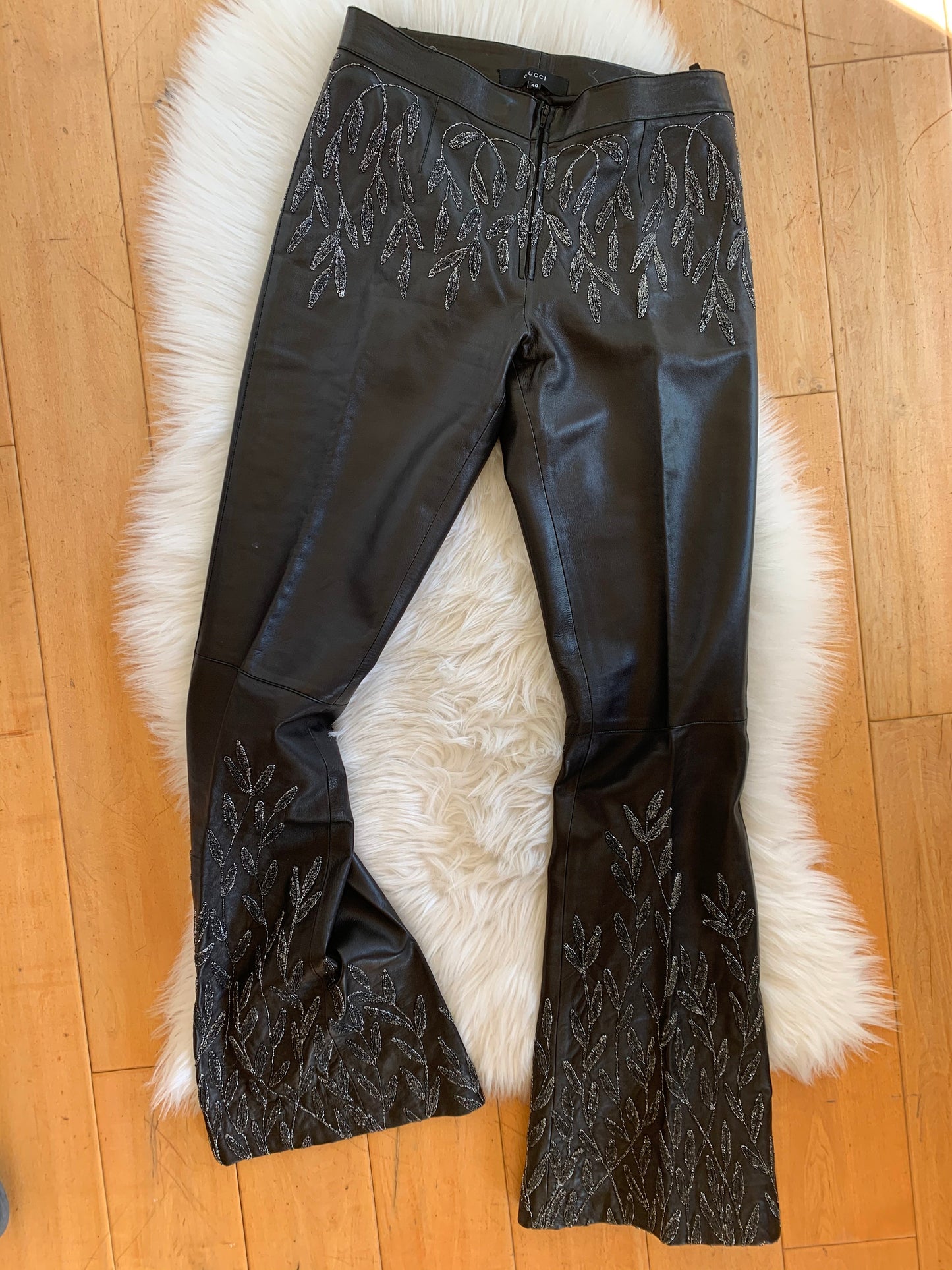 Vintage GUCCI Tom Ford Fall 1999 Wide Leg Flare Black Leather Embellished Beaded Embroidered Print Runway Flares Pants Trousers - RARE!!!